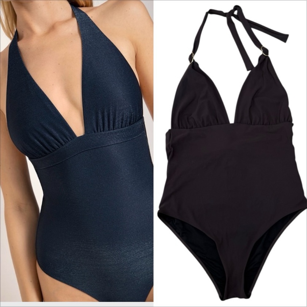 Touché Chocolate Brown Shimmer Halter One-Piece Swimsuit Plunge V-Neck Open Back